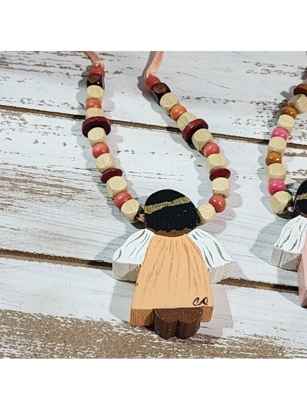 Handmade Handpainted praying Angel Holiday Christmas wood beaded necklace signed